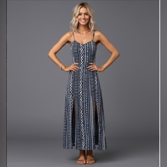 Boho Geo Print Split Thigh Cami Dress - Picture 2 of 8